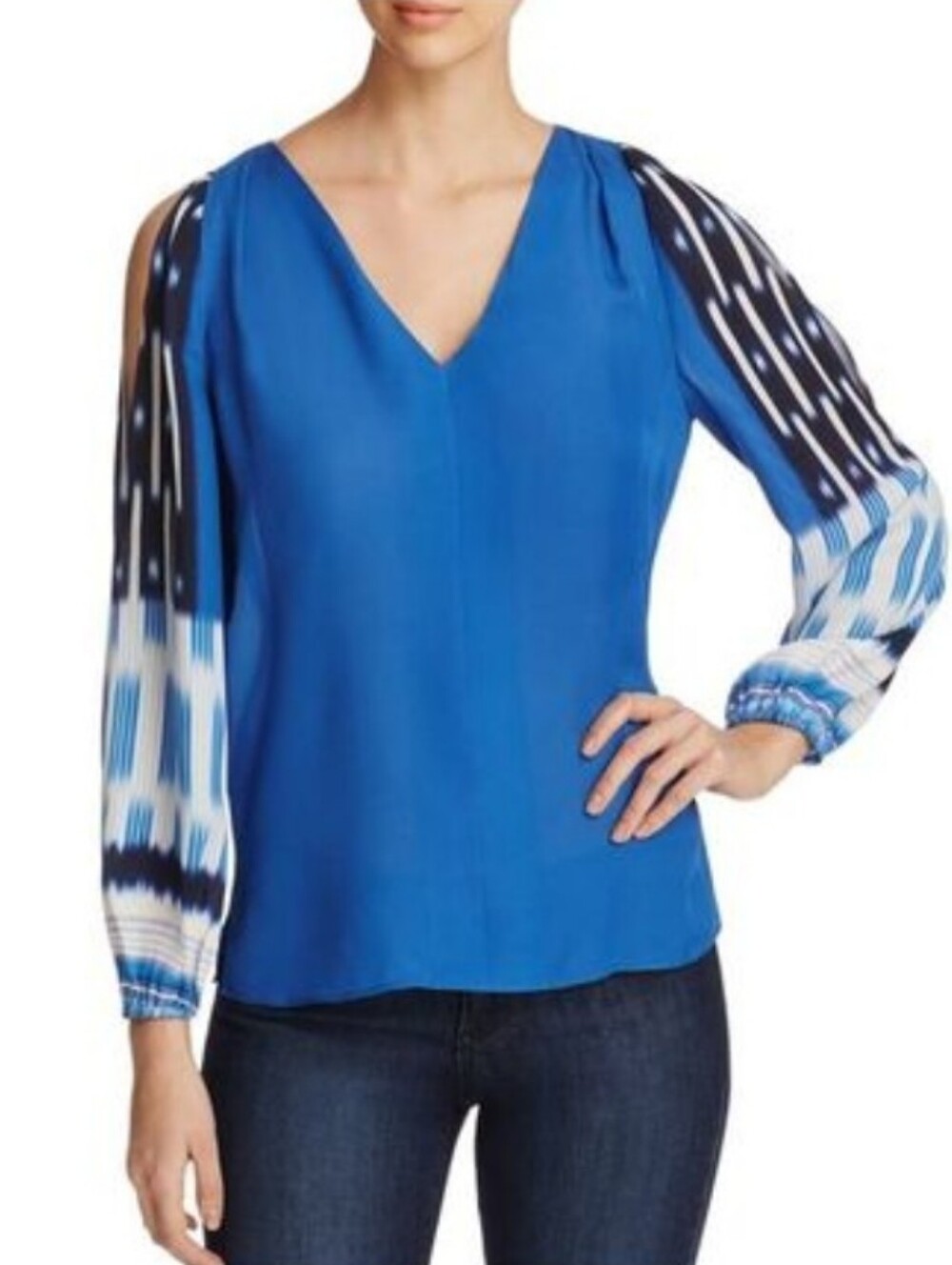 Kobi Halperin Silk V-Neck Blouse Printed Balloon Sleeves Blue Open Shoulders, L